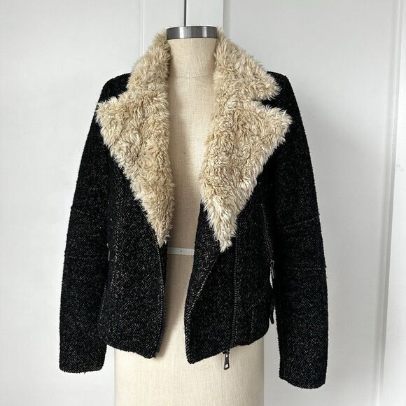 Zara Jackets & Blazers - Zara Trafaluc‎ Side Zip Shearling Wool Herringbone Tweed Moto Jacket Womens XS